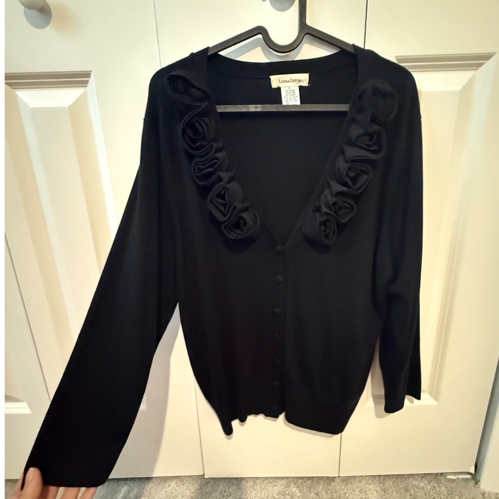Linda Lucia Black Rosette Ruffle V-Neck Cardigan Sweater XL Whimsigoth